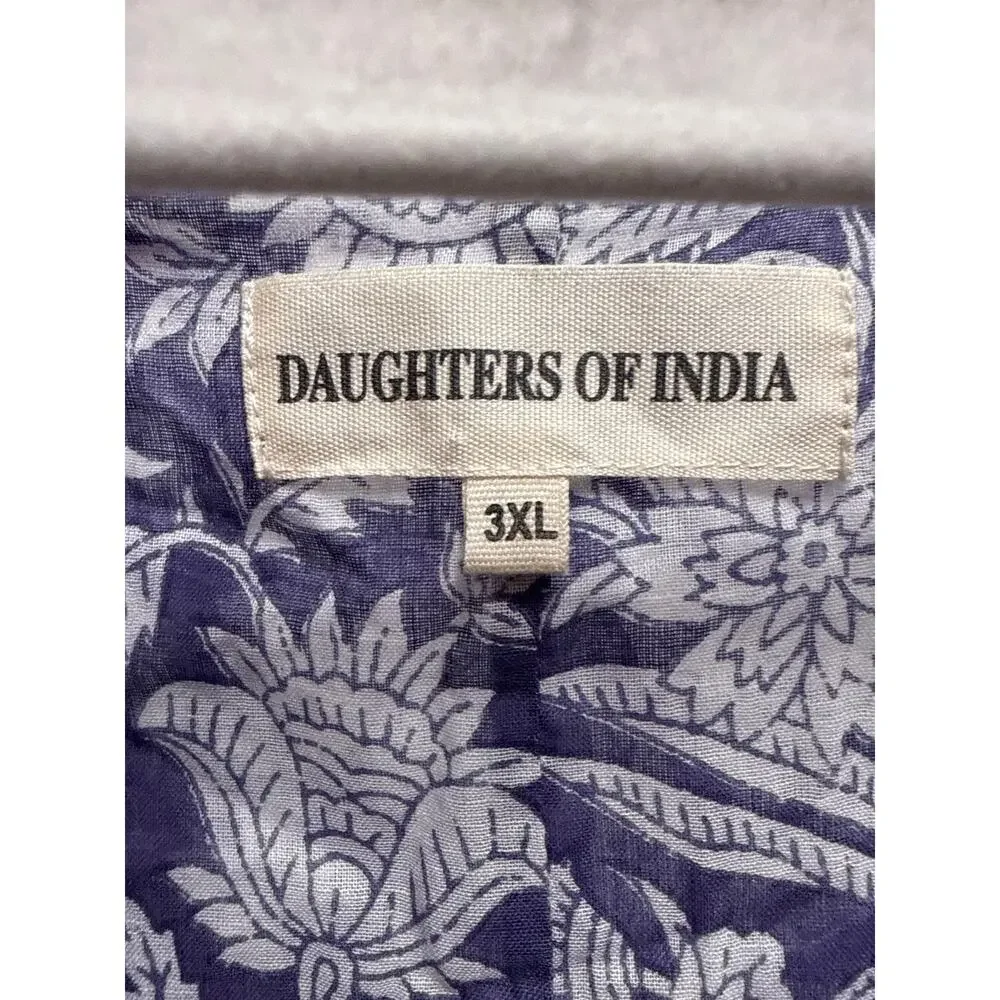 Daughters Of India Kyra Blue Iris Floral Long Peasant Sleeve Midi Dress Size 3XL
